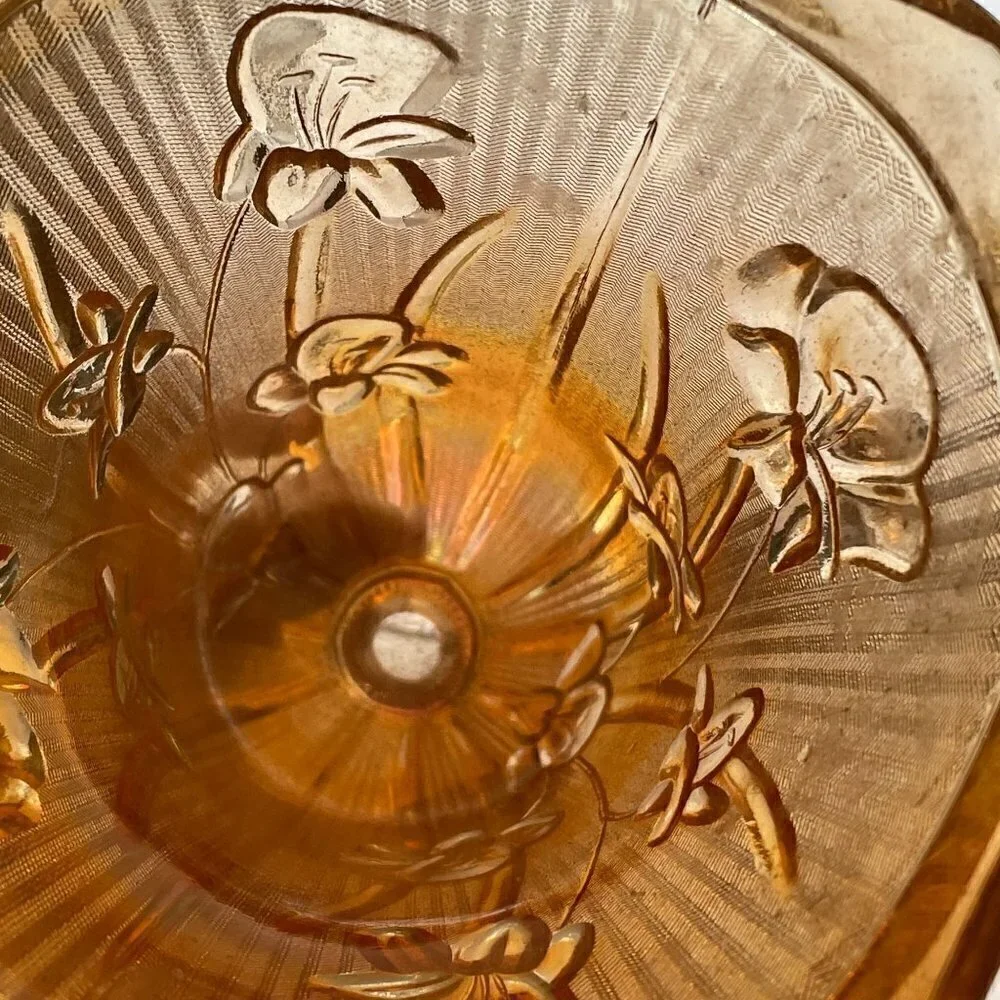 Vintage Jeanette Marigold Carnival Glass Iris Herringbone Footed Vase 9